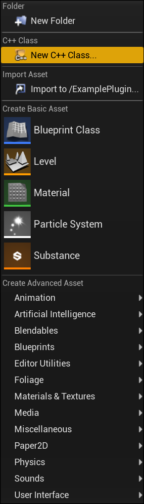 Screenshot of the Unreal Engine showing the create a new class menu item
