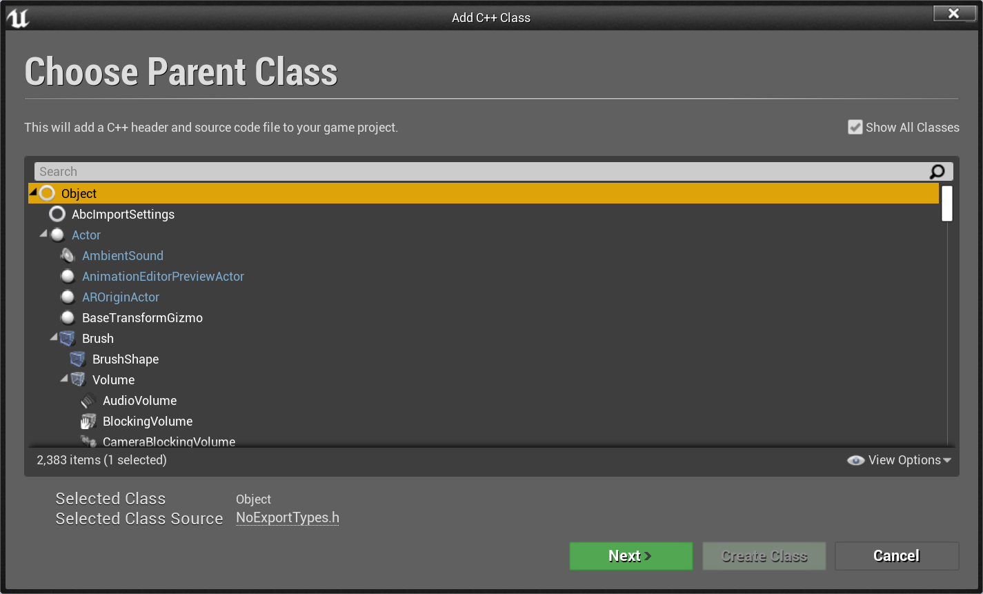 Screenshot of the Unreal Engine showing the new c++ class menu wizard