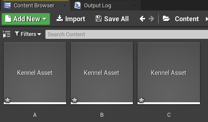 Screenshot of the Unreal editor content browser showing three Kernel assets
