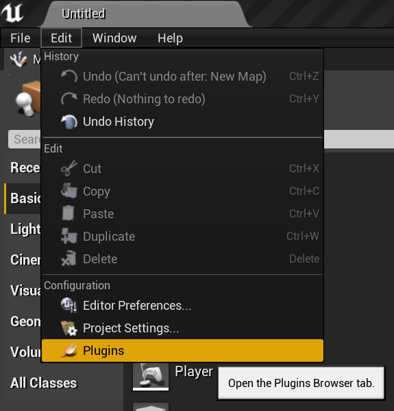 Screenshot of opening the Plugins window from Unreal Editor