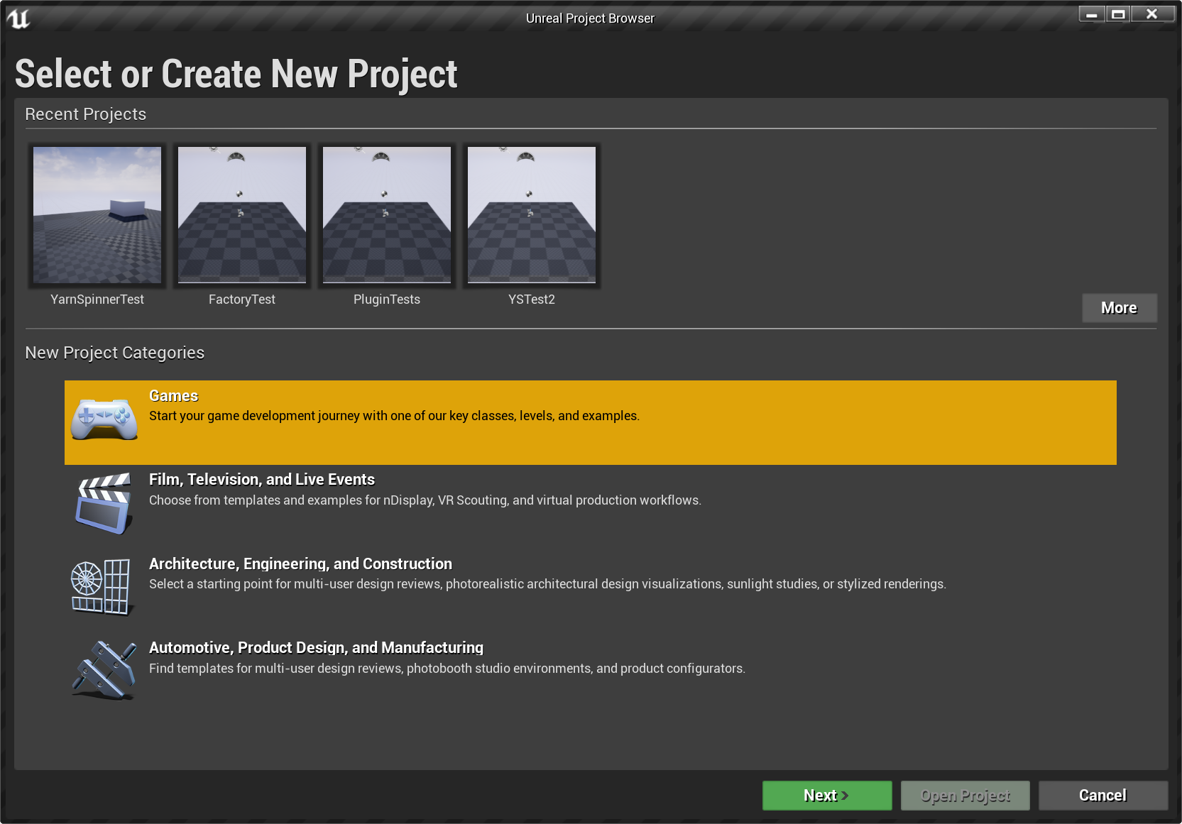 Screenshot of the Unreal Engine New Project UI