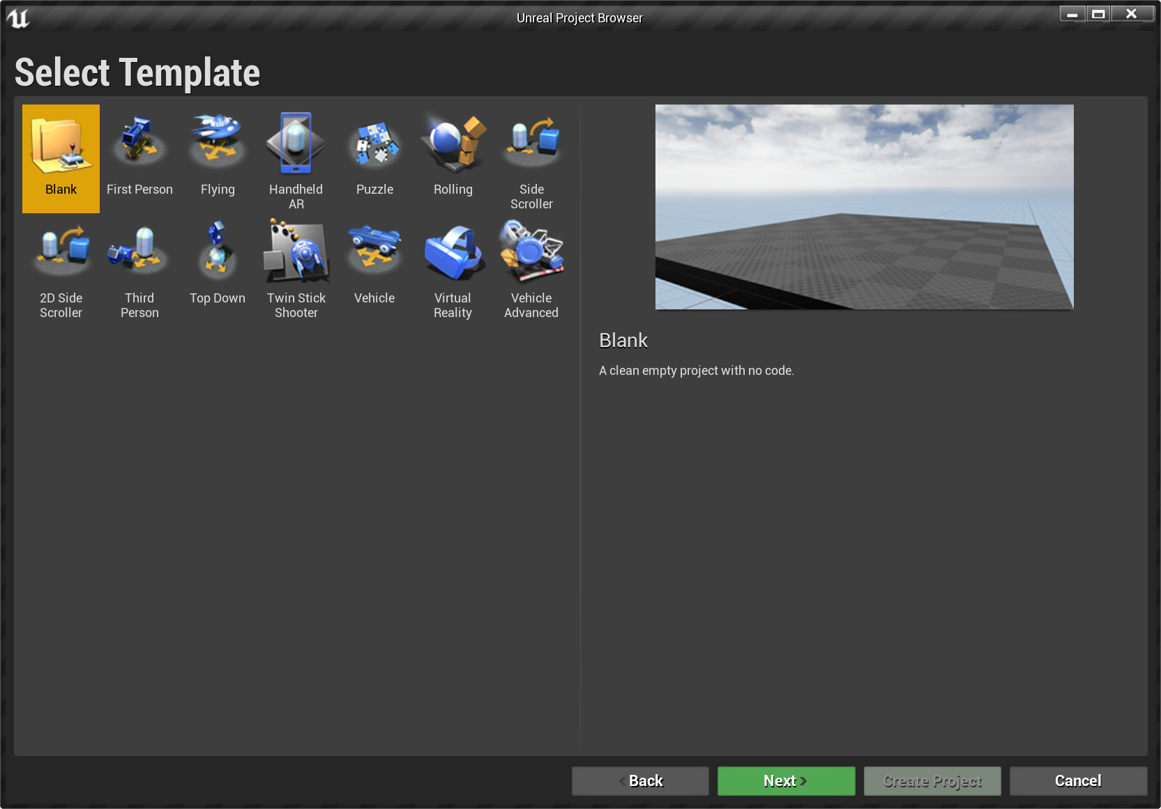 Screenshot of the Unreal Engine New Project Template UI