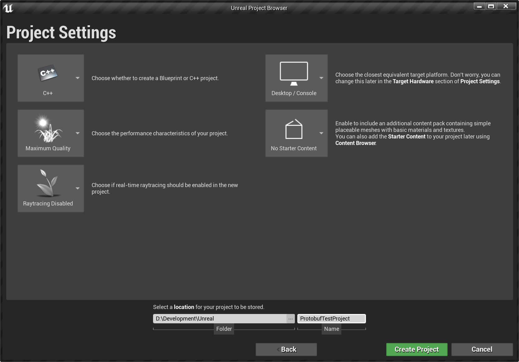 Screenshot of the Unreal Engine New Project Settings UI